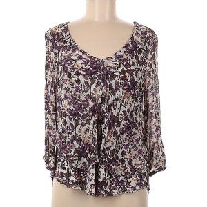 Lucky Brand 3/4 Sleeve Top Floral Purple Cream Brown Medium M